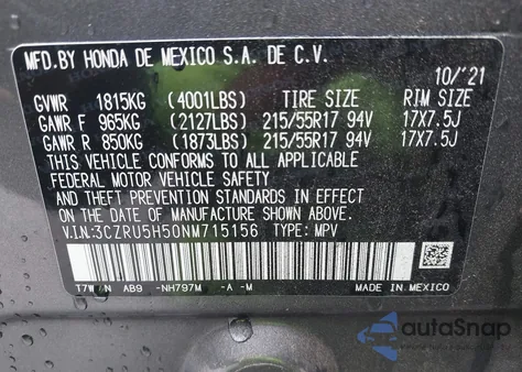 2022 Honda Hr-V 2Wd Ex z USA, uszkodzony, nr VIN 3CZRU5H50NM715156